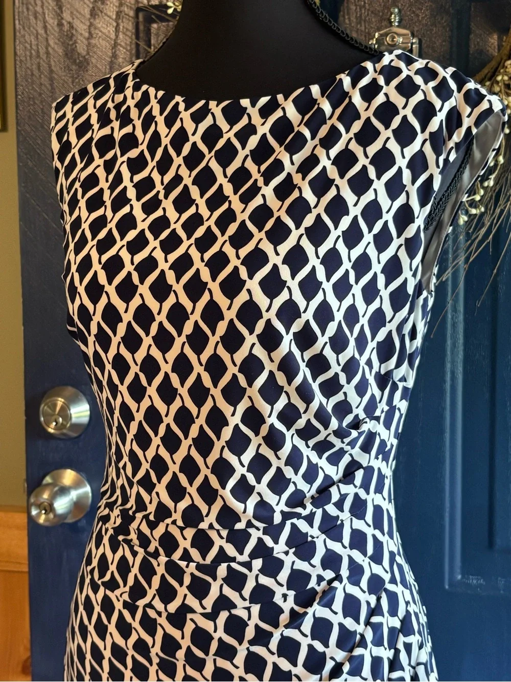 Ralph Lauren Navy and White Geometric Midi Sheath Dress